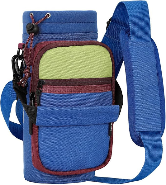 Nuovoware Water Bottle Carrier, 40oz Bottle Carrier Sports Insulated Water Bottle Holder with Adjustable Shoulder Strap, 2 Pockets Flask Sling Bag Drawstring Pouch for Climbing Hiking Walking