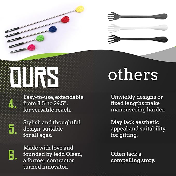 Cactus Scratcher Extendable Stick Back Scratcher - Extends 25" Long Double Sided Retractable Scratching Tool for Hand, Neck, Head, and Body - Universal Gift for Family, Pets, and Friends, Black