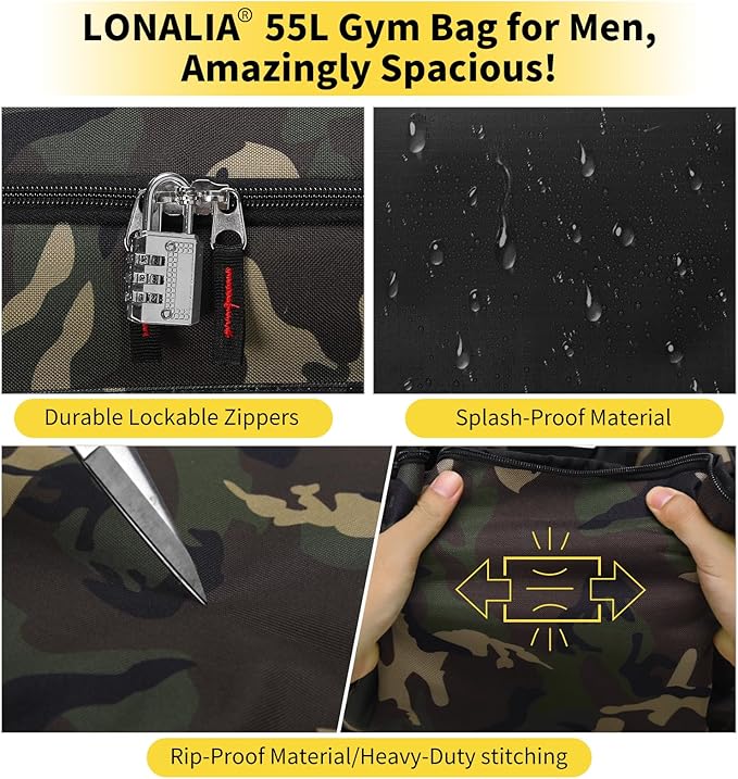 55L Large Sports Duffle Bag for Men - 22 inch Men's Gym Bag Heavy Duty Duffel Bag (Camo)