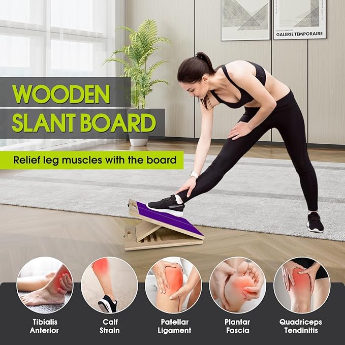 Portable Slant Board for Calf Stretching, 350 Lbs Weight Capacity, Adjustable Wooden Incline Board for Calf Stretcher, Physical Therapy Equipment for Leg, Knees, Heel, Ankle (Purple)