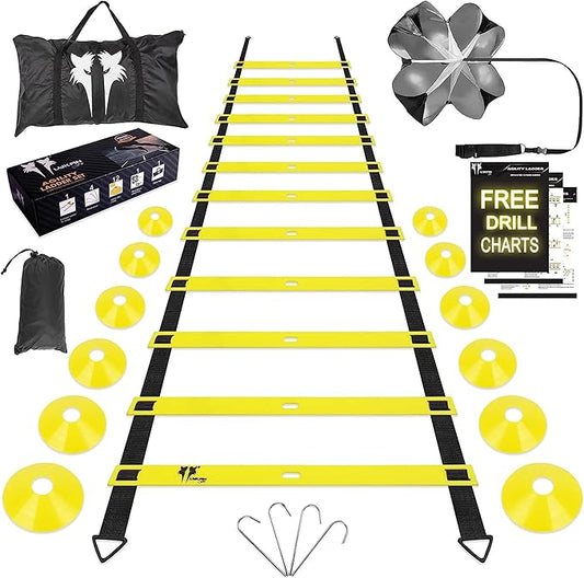 20ft Sports Agility Ladder for Men Women and Kids, Speed Youth Soccer Agility Training Equipment for Football, Exercise, Tennis, Legs Workout with Speed Parachute with, Cones and Carry Bag