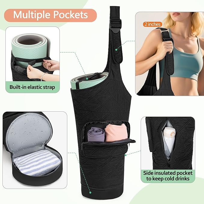 Yoga Mat Bag with Wet Pocket, Bottle Pocket and Mat Secure Straps, Yoga Mat Carrier Fits Most Size Mats (Bag Only), Black