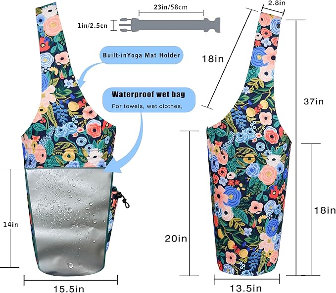 Yoga Mat Bag - Large Opening Long Tote Yoga Mat Carrier Holder Bag with Waterproof Wet Zipper Pocket and Drawstring Water Bottle Pocket - Yoga Bag Fit Most Size Mats