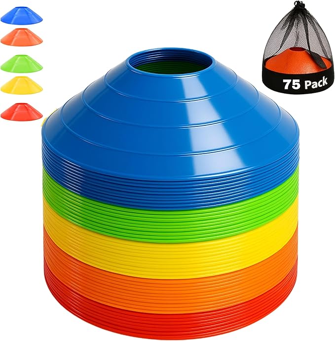 75/50/25 Pack, Pro-Grade Soccer Training Cones Set, Durable Agility Soccer Cones with Carry Bag & Strap Holder Ideal for Sports Training, Football, Soccer, Basketball- Trusted by Coaches & Athletes