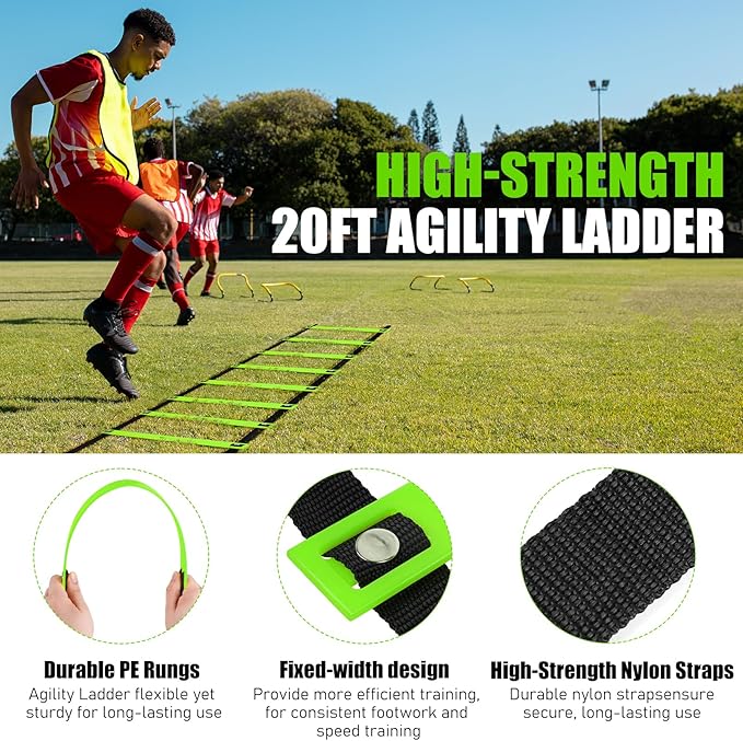 Agility Ladder, Soccer Speed Training Equipment, Football Practise Set with 20ft Ladder, 12 Cones, 4 Adjustable Hurdles, Jump Rope, Parachute, for Basketball, Football, Kids, Youth, Adults