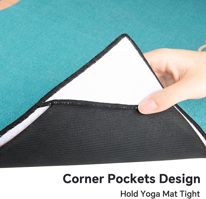 Colorful Star Yoga Towel with Corner Pockets, Non Slip Grip Dots Sweat Absorbent Hot Yoga Mat Towels, Yoga Blankets with Travel Bag, Mat Cover for Workout, Gym, Fitness - 70"x26", Turquoise Mandala