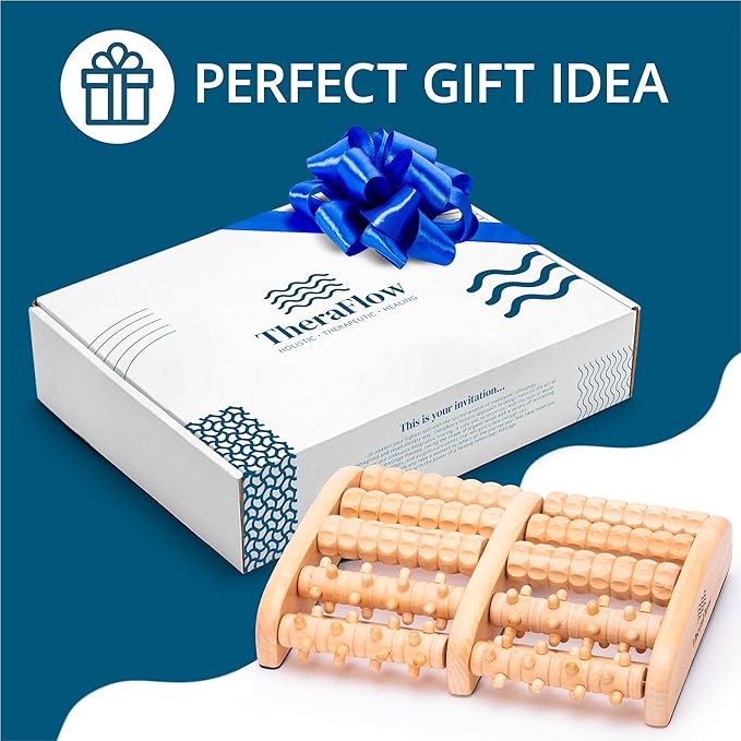 TheraFlow Foot Massager for Plantar Fasciitis Relief - Mom Gifts for Women & Gifts for Dad, Wooden Foot Roller Massager with Deep Tissue & Reflexology Nubs (Includes Reflexology Chart)