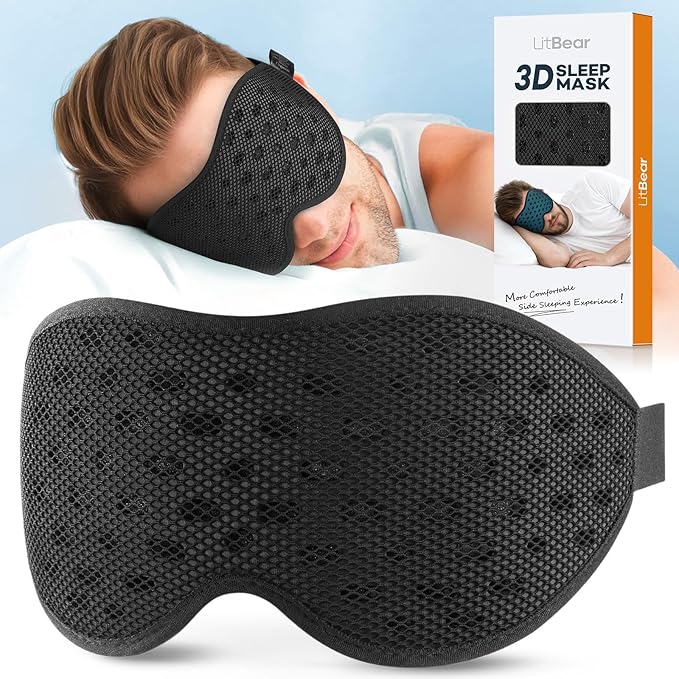 LitBear Breathable Sleep Mask, 3D Eye Mak Sleep for Side Sleepers Women Men, Light Blocking Sleeping Mask with Adjustable Strap, Soft Lightweight Eye Cover for Travel, Night Work, Nap, Office - Black