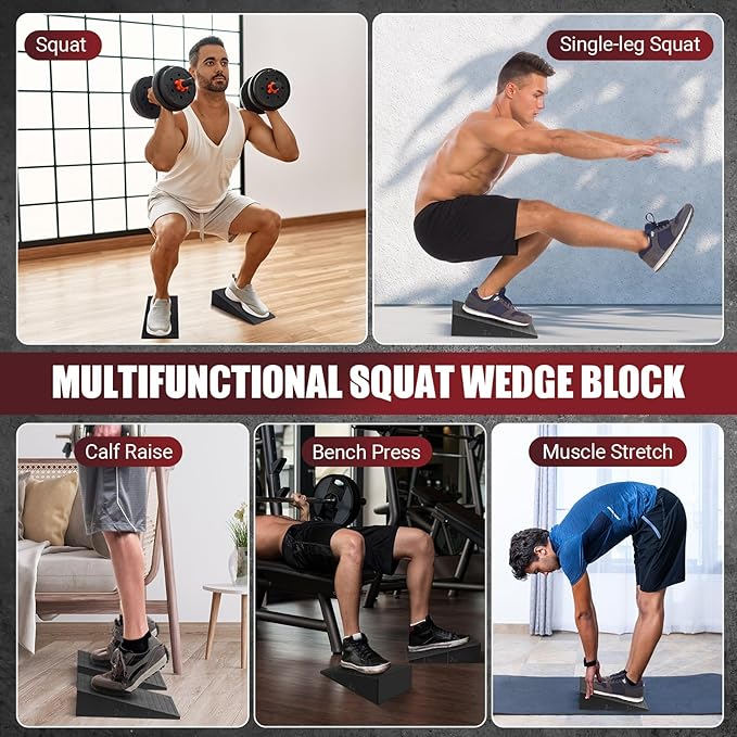 Squat Wedge Block, 2 Pcs Non-slip Heel Elevated Squat Wedge for Weightlifting Workout with Storage & Training Poster, Slant Board for Squats to Improve Squat Mobility Balance & Strength Performance