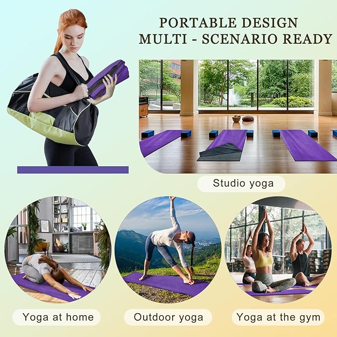 Hot Yoga Towel Set, 600GSM Yoga Mat Towel Extra Thick Dual-Color Microfiber, Soft Non-Slip Sweat Absorbent, 72" x 27.5" with Matching Hand Towel for Hot Yoga, Pilates, Fitness, Grey/Purple
