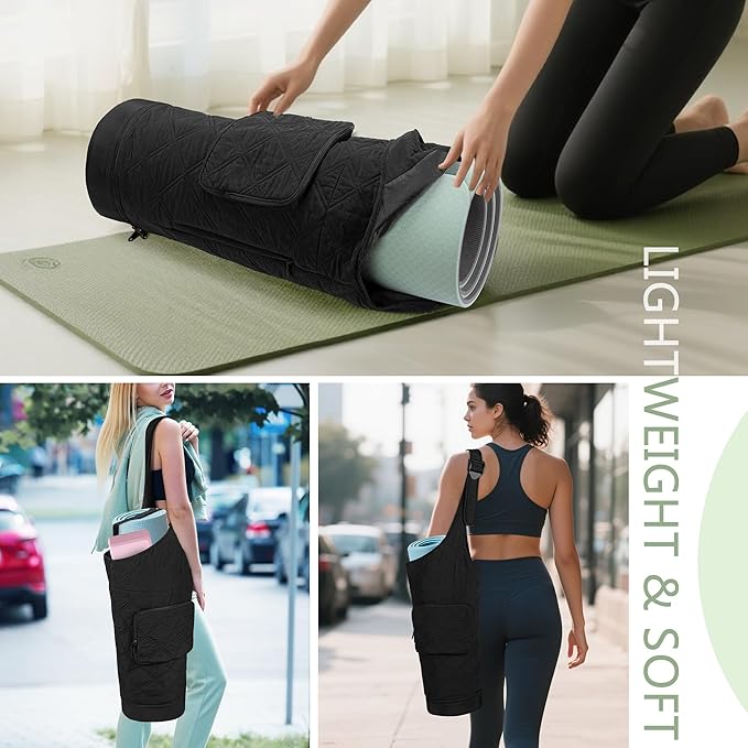 Yoga Mat Bag with Wet Pocket, Bottle Pocket and Mat Secure Straps, Yoga Mat Carrier Fits Most Size Mats (Bag Only), Black