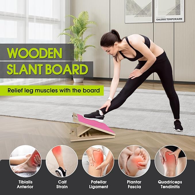 Portable Slant Board for Calf Stretching, 350 Lbs Weight Capacity, Adjustable Wooden Incline Board for Calf Stretcher, Physical Therapy Equipment for Leg, Knees, Heel, Ankle (Pink)