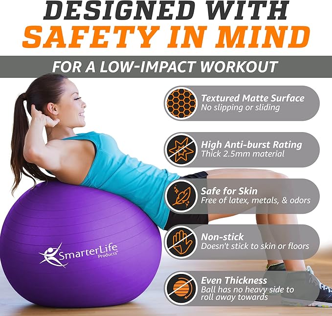 SmarterLife Exercise Ball Yoga Ball for Fitness, Balance, Stability, or Pregnancy, Gym Ball for Core Workout, Physical Therapy, Yoga Ball Chair for Office, Anti-Slip Anti-Burst