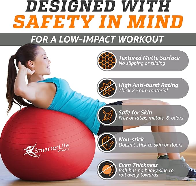 SmarterLife Exercise Ball Yoga Ball for Fitness, Balance, Stability, or Pregnancy, Gym Ball for Core Workout, Physical Therapy, Yoga Ball Chair for Office, Anti-Slip Anti-Burst