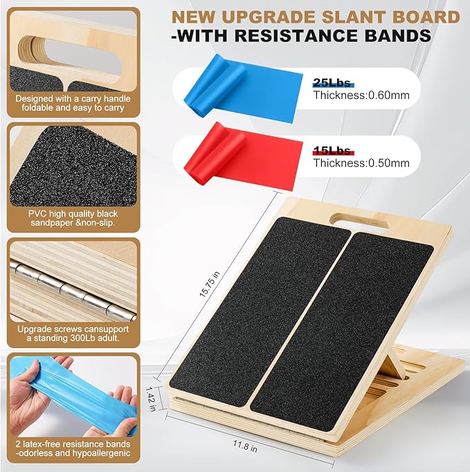 Slant Board for Calf Stretching,Calf Stretcher Adjustable Portable Wooden Foldable,5-Level Incline,2 Resistance Bands,300lb Weight Capacity,for Calf,Achilles,Ankle,Squats,Physical Therapy Exercise