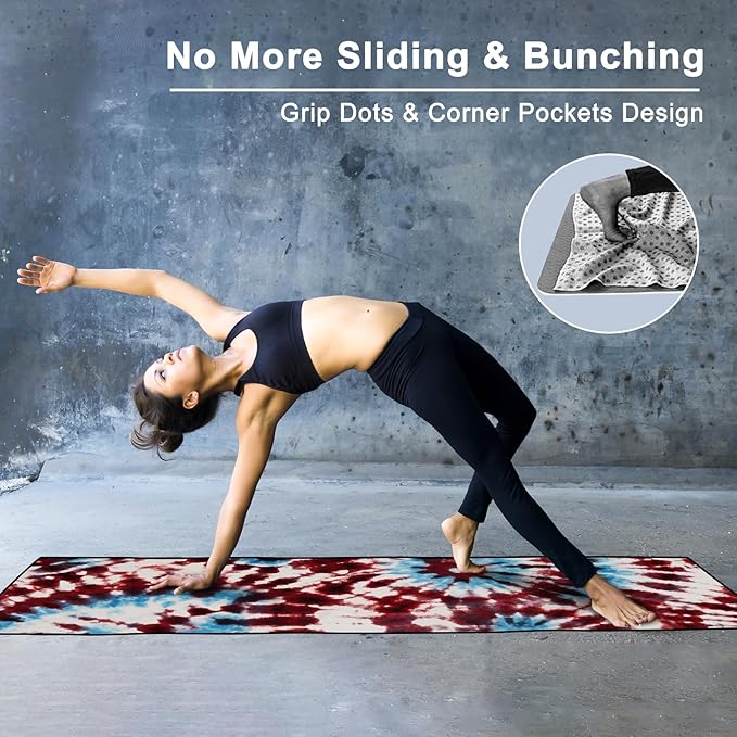 Colorful Star Large Yoga Towel with Corner Pockets, Non Slip Grip Dots Sweat Absorbent Hot Yoga Mat Towels, Yoga Blankets with Travel Bag, Mat Cover for Workout, Gym, Fitness - 74"x26", Bold Tie-dye
