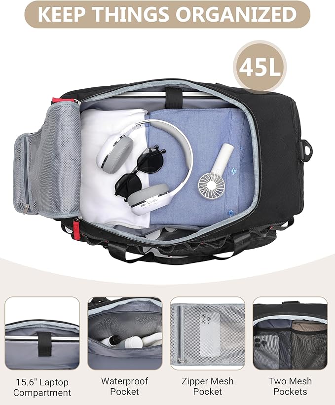 MCBD Gym Bags for Men & Women, 45L Travel Duffle Sports Backpack with Shoes & Laptop Compartment, Large Workout Carry On Bag Weekender Overnight Tote, Black