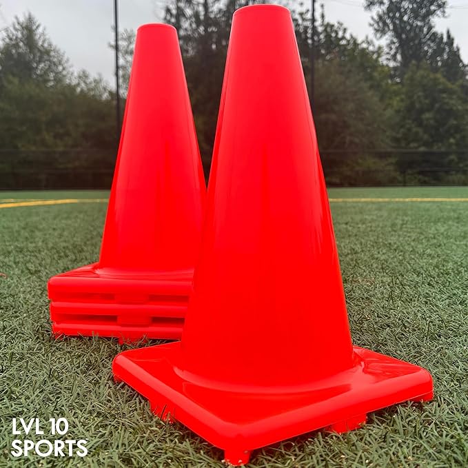 LVL10 Pro Training Cones - 12" Large Soccer Cones for Sports Training - for Basketball, Football, Basketball and Agility Drills - Soccer Field Markers That Won't Crack, Slide or Fly