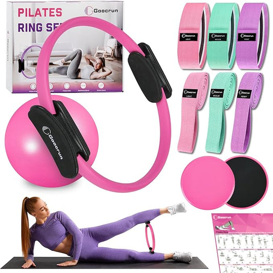 Pilates Ring Set with Resistance Bands Set, Pilates Ball, Sliding Disks – Workout Equipment Home Gym Includes Complete Fitness Poster