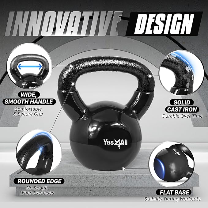 Yes4All Kettlebell, Vinyl Coated Kettlebell Cast Iron Sets with Stable Flat Bottom for Full Body Workout, Push up, Grip Strength Training & Weights Exercises