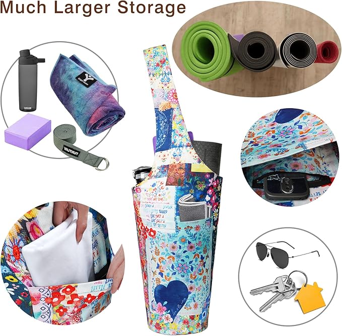 Fashion Printed Yoga Mat Bag with Large Side Pocket & Zipper Pocket Long Tote Yoga Bag Fit Most Size Mats - Holds More Yoga Accessories