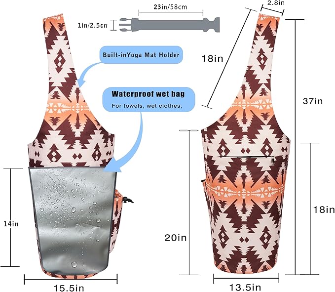 Yoga Mat Bag - Large Opening Long Tote Yoga Mat Carrier Holder Bag with Waterproof Wet Zipper Pocket and Drawstring Water Bottle Pocket - Yoga Bag Fit Most Size Mats