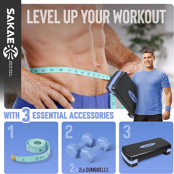 Aerobic Stepper Set with Dumbbells & Measuring Tape, Adjustable Height 2 Level Risers Workout Exercise Step Platform, 4 Colors, the Ultimate Gift for a Joyful Holiday and Merry Christmas