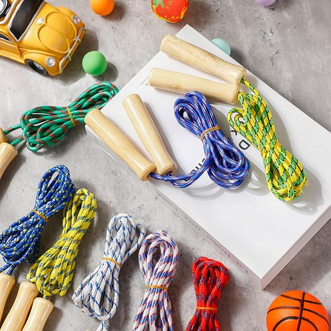 Lenwen 60 Pcs 7.25 ft Jump Rope for Kids Bulk Back to School Supplies Adjustable Cotton Beaded Skipping Rope with Wooden Handle for Christian Charity Children Classroom Exercise Training Fun Activity