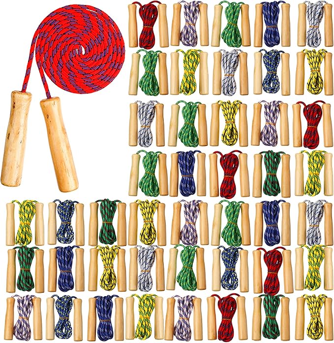 Lenwen 60 Pcs 7.25 ft Jump Rope for Kids Bulk Back to School Supplies Adjustable Cotton Beaded Skipping Rope with Wooden Handle for Christian Charity Children Classroom Exercise Training Fun Activity