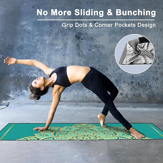 Colorful Star Large Yoga Mat Towel with Corner Pockets, Non Slip Grip Dots Absorbent Hot Yoga Towels, Yoga Blankets with Travel Bag, Mat Cover for Workout, Gym, Fitness - 74"x26", Turquoise Mandala
