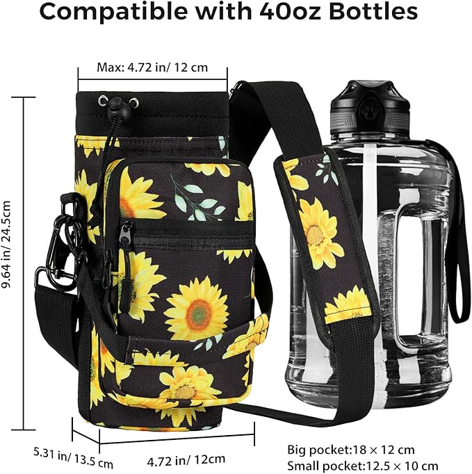 Nuovoware Water Bottle Carrier, 40oz Bottle Carrier Sports Insulated Water Bottle Holder with Adjustable Shoulder Strap, 2 Pockets Flask Sling Bag Drawstring Pouch for Climbing Hiking Walking