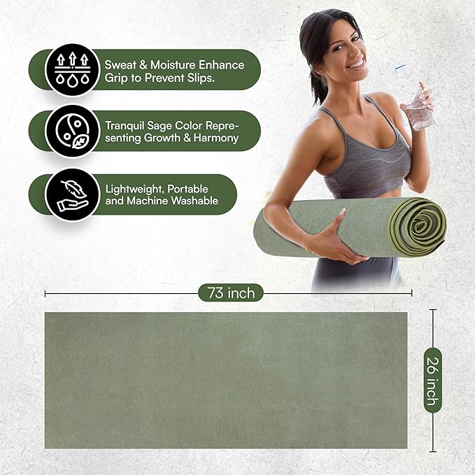 Yoga Mat Towel - Double Sided Microfiber Yoga Towel - Sweat Absorbent Non Slip Hot Yoga Towel - Lightweight, Quick Drying Pilates and Bikram Sweat Towel - 73''L x 26''W, Sage