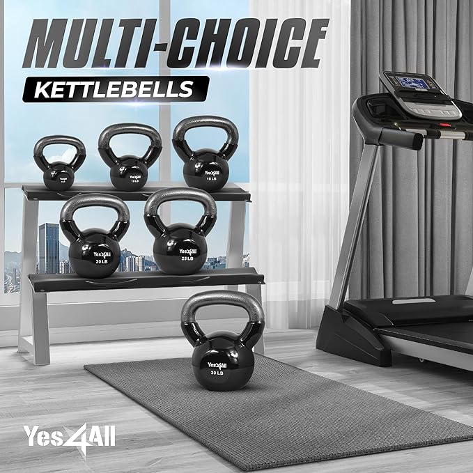 Yes4All Kettlebell, Vinyl Coated Kettlebell Cast Iron Sets with Stable Flat Bottom for Full Body Workout, Push up, Grip Strength Training & Weights Exercises