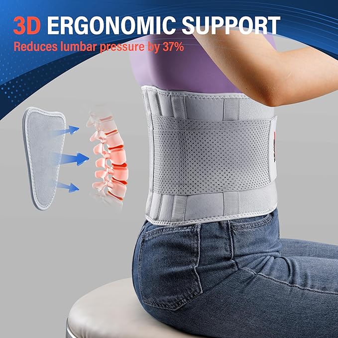 FEATOL Back Brace Support Belt-Lumbar Support Back Brace for Back Pain, Sciatica, Scoliosis, Herniated Disc Adjustable Support Straps with Removable Lumbar Pad for Men & Women (Grey, Small/Medium (Pack of 1))