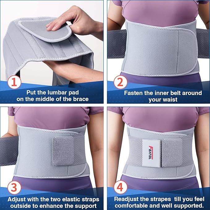 FEATOL Back Brace for Lower Back Pain Women, Breathable Back Support Belt for Women & Men with Lumbar Pad, Lumbar Support Belt for Heavy Lifting & Work, Scoliosis, Grey, 3XL (Circumference:54-63")