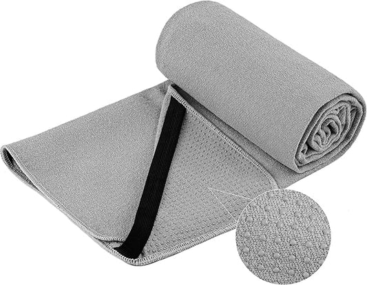 Microfiber Hot Yoga Towel Mat, 24 x 72 inches, with Non-Slip Silicone Grip, Secure Fit Elastic Straps (Gray)