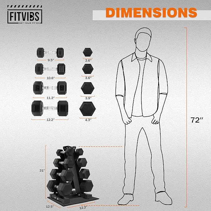 Fitvids Fitvids Rubber Coated Hex Dumbbell Weight Set and Storage Rack, 100LB Set or 150LB Set, 5-20 lbs Pairs or 5-25 lbs Pairs