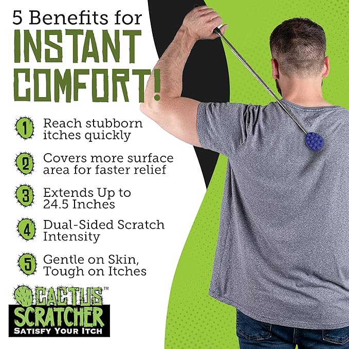 Cactus Scratcher Extendable Telescopic Back Scratcher - Extends 25" Long Double Sided Retractable Scratching Tool for Hand, Neck, Head, and Body - Universal Gift for Family, Pets, and Friends, Blue