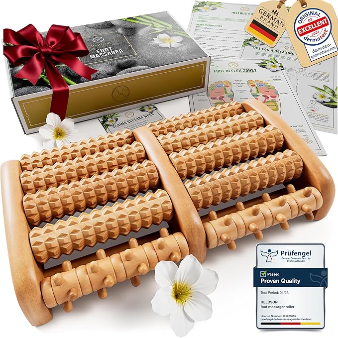 HELDSON® Foot Roller Massager Plantar Fasciitis Pain Relief - Wooden Under Desk Feet Massage - Dual Manual Heel Massagers - Wood Rolling Acupressure Tool with Reflexology Guide - Gift for Men, Women