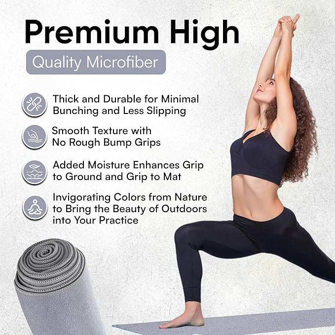 Yoga Mat Towel - Double Sided Microfiber Yoga Towel - Sweat Absorbent Non Slip Hot Yoga Towel - Lightweight, Quick Drying Pilates and Bikram Sweat Towel - 73''L x 26''W, Fog Gray