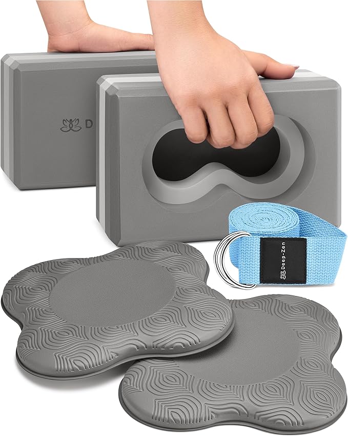 Deep-Zen® Yoga Blocks Wrist Support; Yoga Blocks 2 Pack with Knee Pads and Strap to Put Less Weight on Wrists; Durable, Versatile Yoga Brick Exercise Block Set, Blocks Yoga