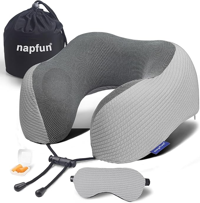 napfun Neck Pillow for Traveling, Upgraded Travel Neck Pillow for Airplane 100% Pure Memory Foam Travel Pillow for Flight Headrest Sleep, Portable Plane Accessories, Striped Light Grey Set