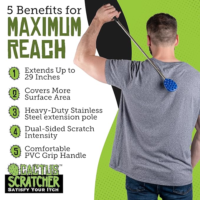 Cactus Scratcher Back Scratcher Extendable Extends 29" Long Double Sided Retractable Scratching Tool for Hand, Neck, Head, and Body - Universal Gift for Family, Pets, and Friends, Big Stick, Blue