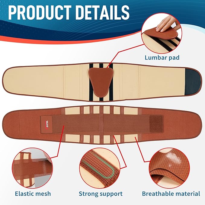 FEATOL Back Brace for Lower Back Pain, Breathable Back Support Belt for Women & Men with Lumbar Pad, Lumbar Support Belt for Heavy Lifting & Work, Scoliosis, Brown, L/XL (Circumference:29.8-38.6")
