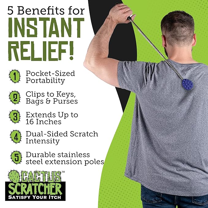 Cactus Scratcher Extendable Keychain Back Scratcher - 16" Long Stick Double Sided Retractable Scratching Tool for Hand, Neck, Head, and Body - Universal Gift for Family, Pets, and Friends, Blue