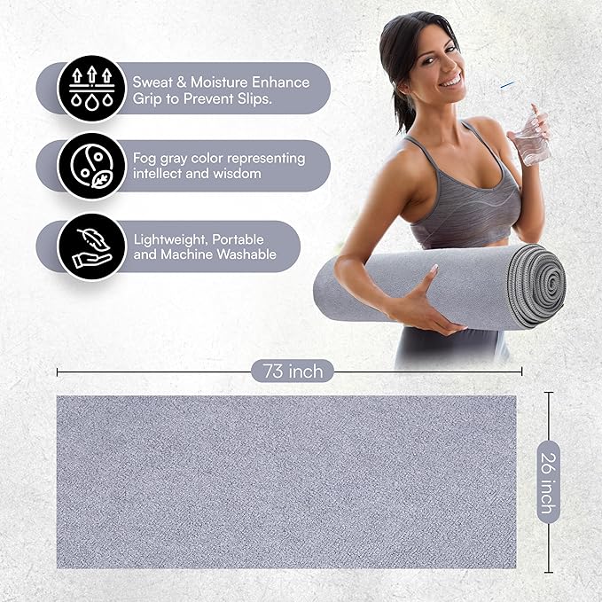 Yoga Mat Towel - Double Sided Microfiber Yoga Towel - Sweat Absorbent Non Slip Hot Yoga Towel - Lightweight, Quick Drying Pilates and Bikram Sweat Towel - 73''L x 26''W, Fog Gray