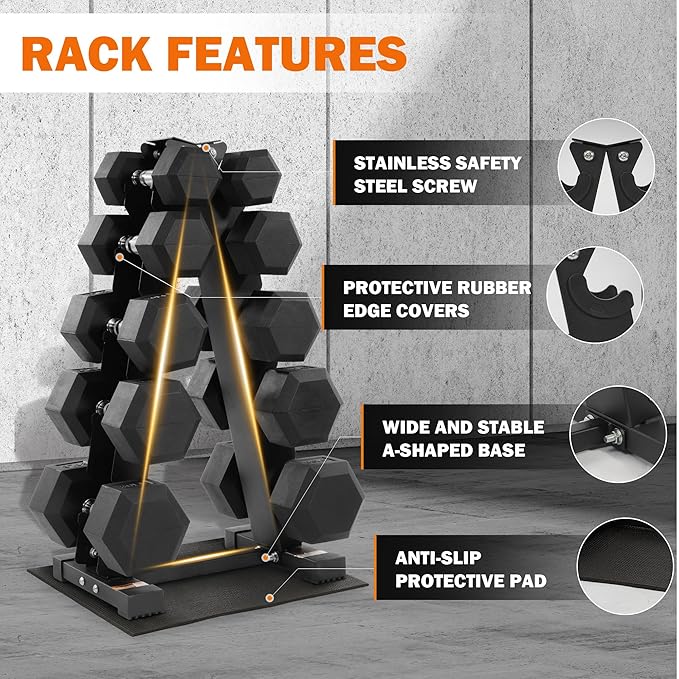 Fitvids Rubber Coated Hex Dumbbell Weight Set and Storage Rack, 100LB Set or 150LB Set, 5-20 lbs Pairs or 5-25 lbs Pairs
