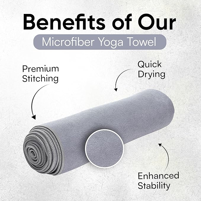 Yoga Mat Towel - Double Sided Microfiber Yoga Towel - Sweat Absorbent Non Slip Hot Yoga Towel - Lightweight, Quick Drying Pilates and Bikram Sweat Towel - 73''L x 26''W, Fog Gray
