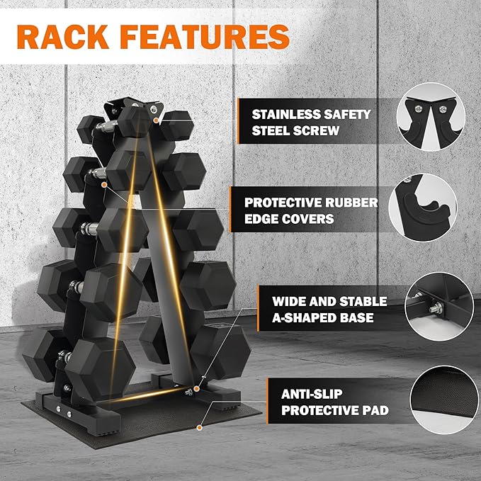Fitvids Fitvids Rubber Coated Hex Dumbbell Weight Set and Storage Rack, 100LB Set or 150LB Set, 5-20 lbs Pairs or 5-25 lbs Pairs