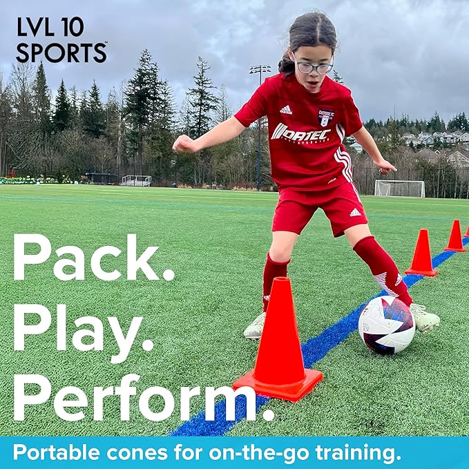 LVL10 Pro Training Cones - 12" Large Soccer Cones for Sports Training - for Basketball, Football, Basketball and Agility Drills - Soccer Field Markers That Won't Crack, Slide or Fly
